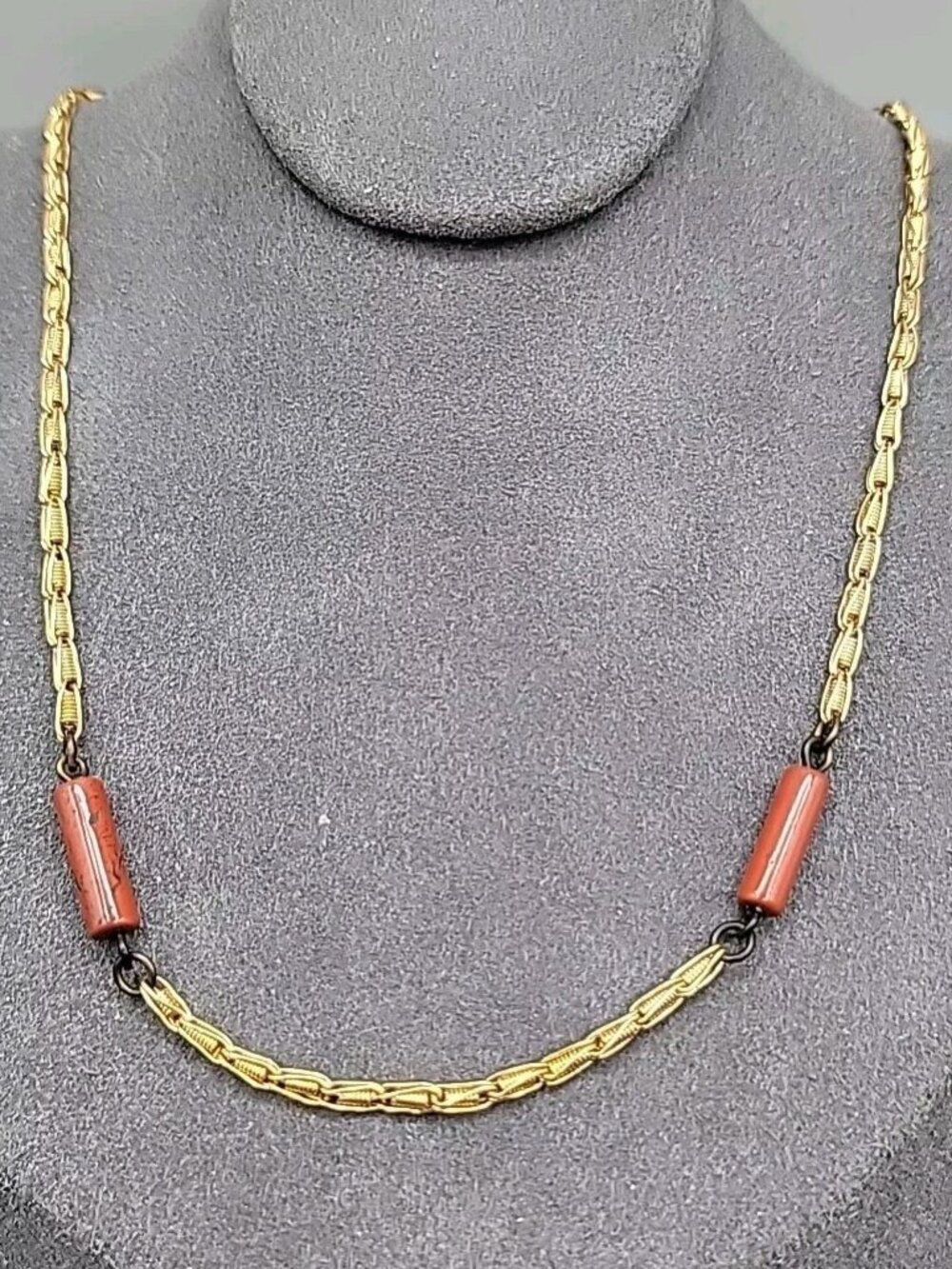 Vintage Freirich 1970s Gold Tone Link Choker Necklace Gemstone Accent Beads 17"
